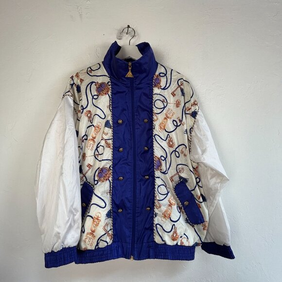 Vintage 90s Casual Isle Bomber Jacket Womens Medium Gold Chain Print Blue White - Picture 1 of 7